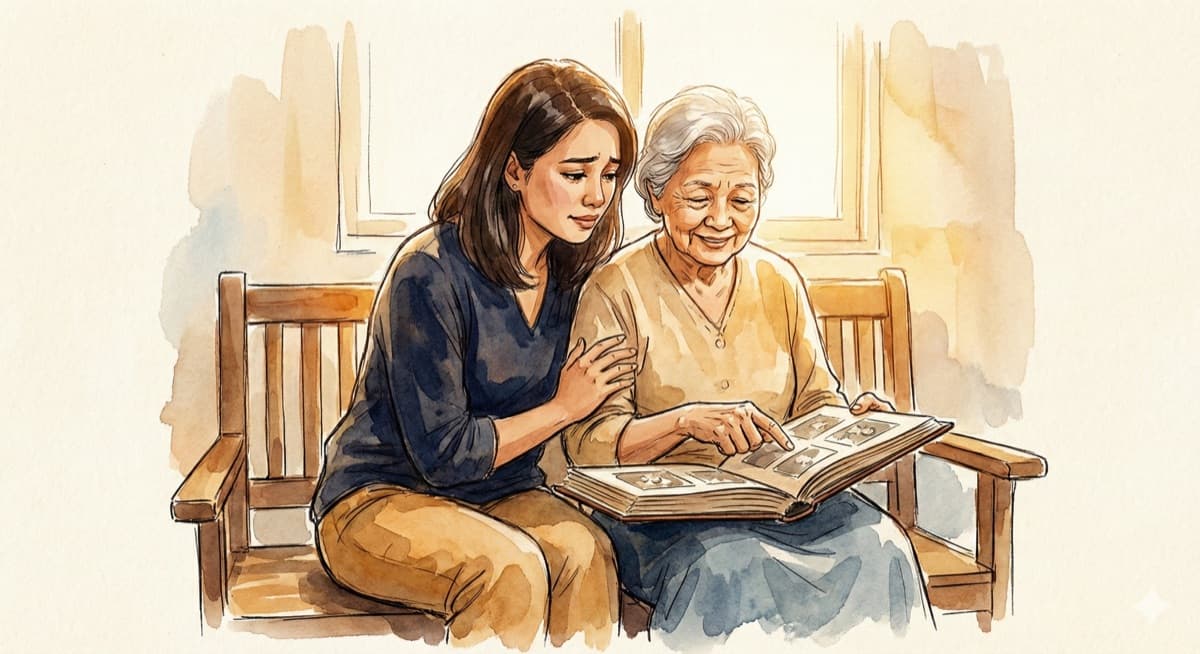 Mother and daughter looking through a photo album together