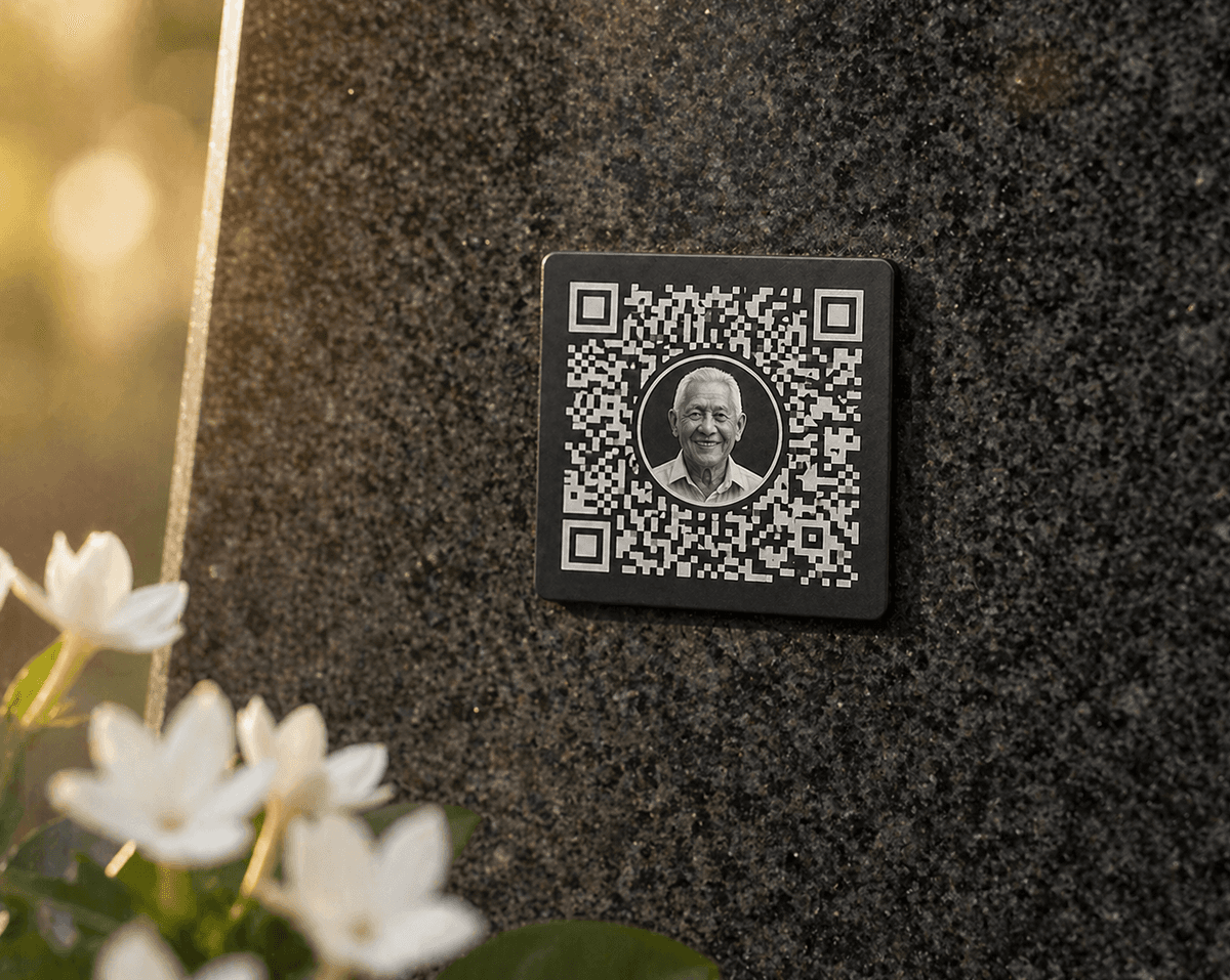 QR Memorial Plate on gravestone