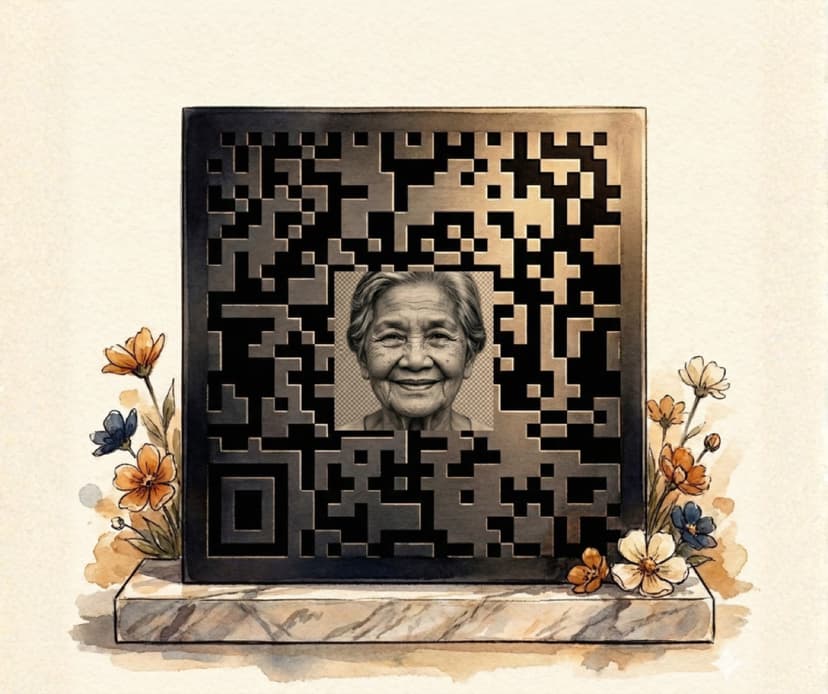 QR memorial plate with loved one's photo engraved in center
