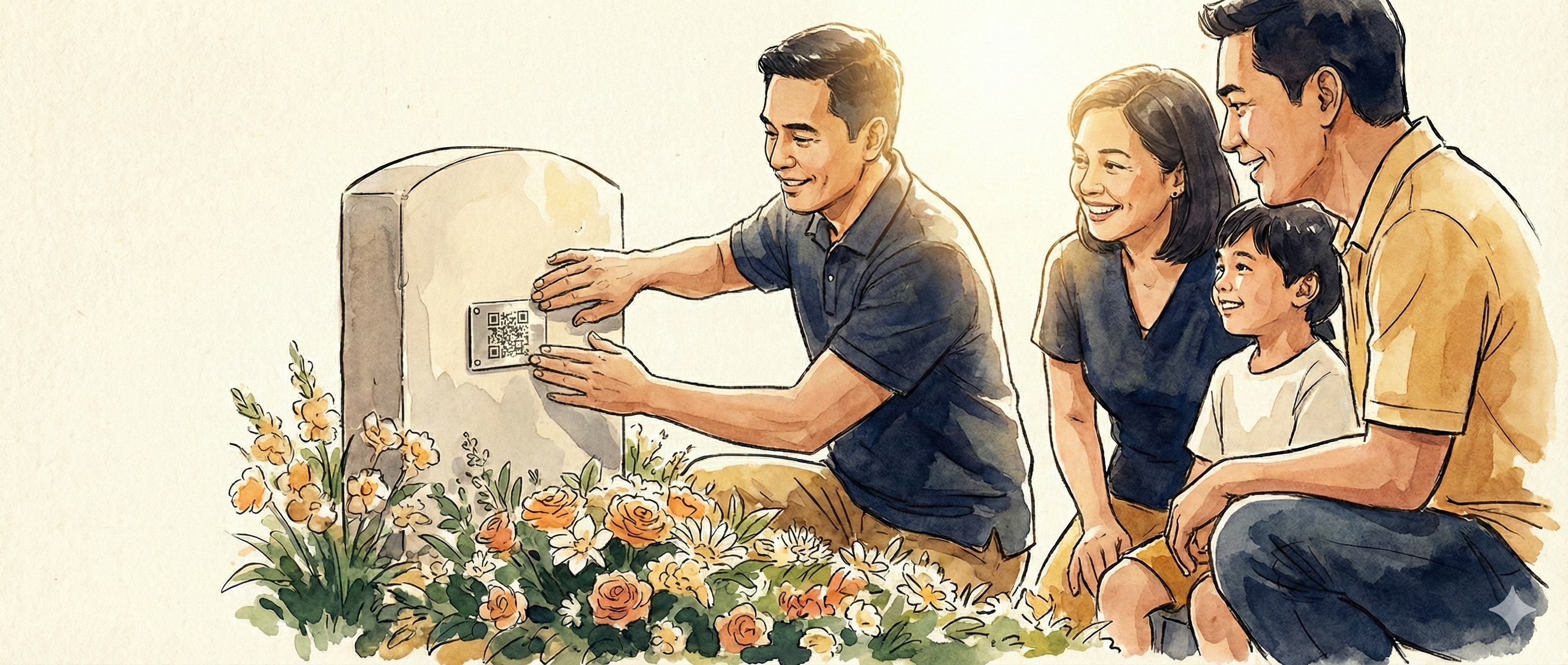 Family placing QR plate on headstone