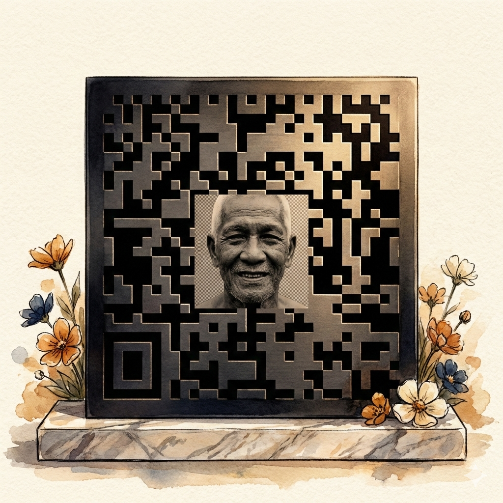 QR memorial plate with loved one's photo engraved in center